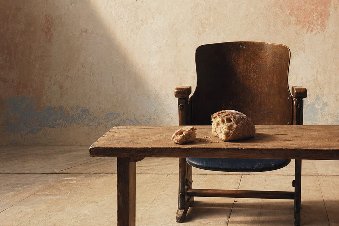 Une chaise de théâtre en bois, vide, derrière une table où repose un pain rompu, dans une lumière rasante