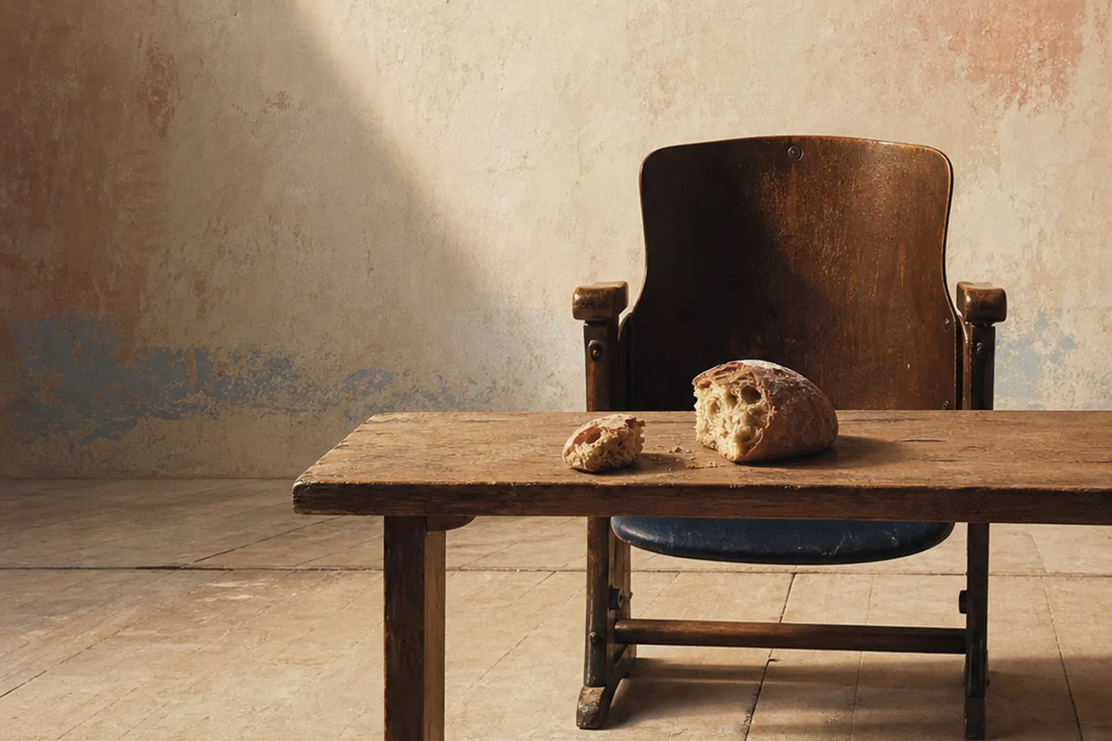 Une chaise de théâtre en bois, vide, derrière une table où repose un pain rompu